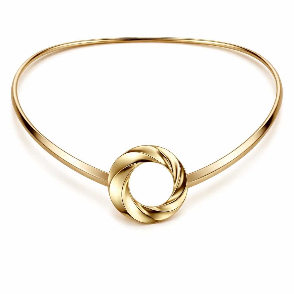 Elegant solid gold choker necklace with a circular centerpiece, inspired by abstract floral shapes but not identical to any brand. The design should be minimal, smooth, and clean with soft curved lines forming a subtle circular motif. No gemstones, pure gold only, modern and luxurious.