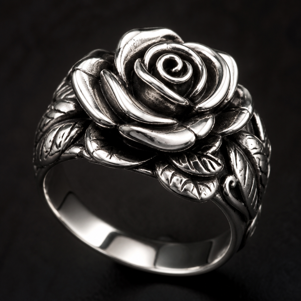Anello in argento a forma di rosa
photorealistic jewelry design, Anello in argento a forma di rosa , retro style, just the design no text