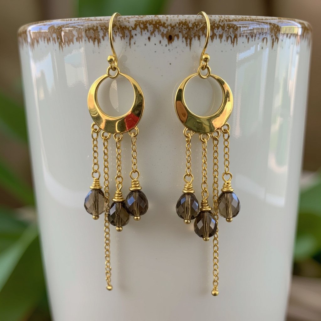 Золотые серьги полумесяц вертикальный 2 см, сверху крепится к швензе. От полумесяца идет три цепочки золотого цвета, у каждой на конце камушек раухтопаз