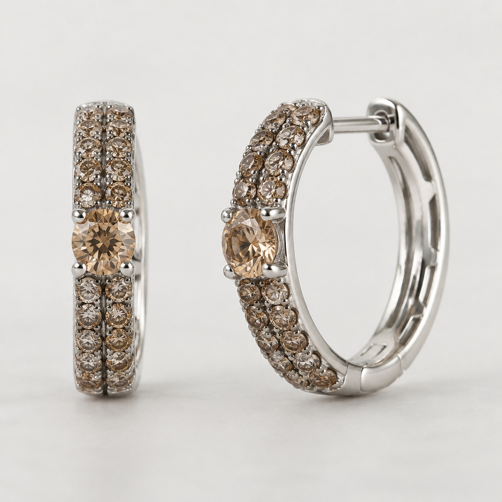 Hoop earring with double pave of light brown diamonds 2 mm each, center stone champagne diamond 3.2 mm, white gold
photorealistic jewelry design, Hoop earring with double pave of light brown diamonds 2 mm each, center stone champagne diamond 3.2 mm, white gold
, just the design no text