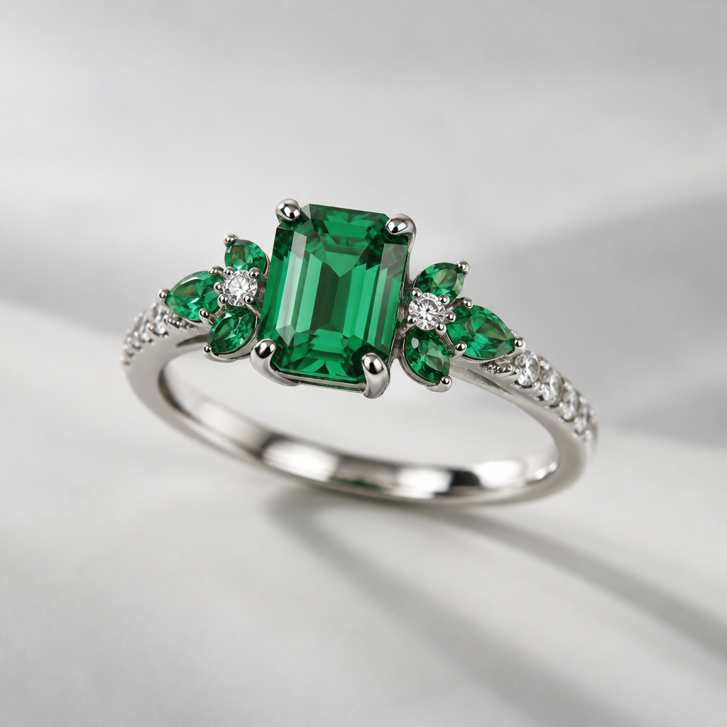 A modern women's ring made of silver with emerald stones suitable for engagement
photorealistic jewelry design, A modern women's ring made of silver with emerald stones suitable for engagement, modern style, just the design no text
