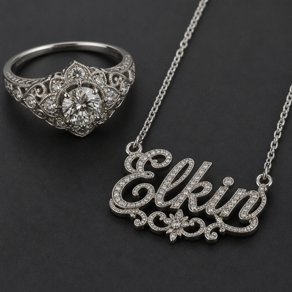 A vintage women's ring made of silver with diamond stones suitable for engagement, highly ornate, intricate and elaborate, richly detailed. cadena de plata con un dije de nombra que diga Elkin
photorealistic jewelry design, A vintage women's ring made of silver with diamond stones suitable for engagement, highly ornate, intricate and elaborate, richly detailed. cadena de plata con un dije de nombra que diga Elkin, vintage style, just the design no text