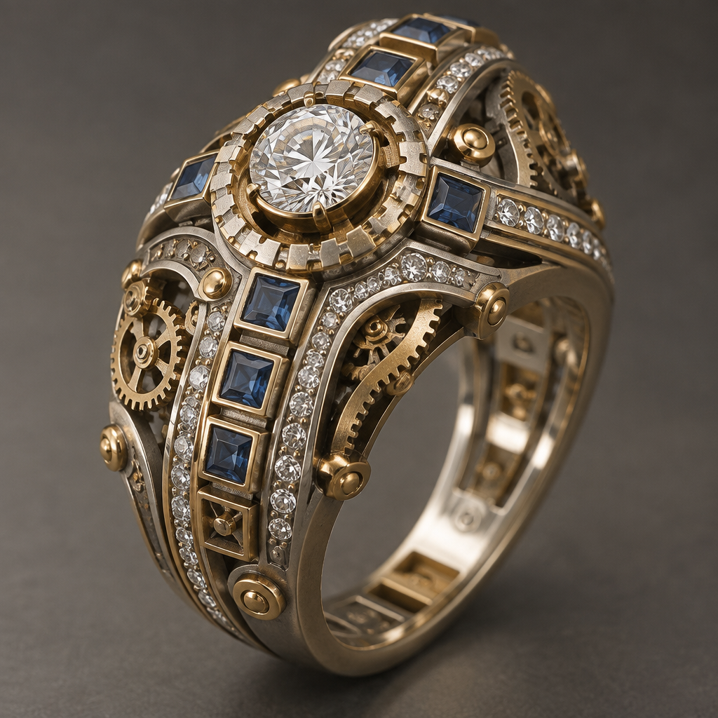 A steampunk women's ring made of mixed metal with diamond and sapphire stones. design ring using 33 .10 carat diamonds, 7 .10 carat square sapphires, and one .50 carat round diamond. metals should be white and yellow gold with a matte finish. do not cluster gems.
photorealistic jewelry design, A steampunk women's ring made of mixed metal with diamond and sapphire stones. design ring using 33 .10 carat diamonds, 7 .10 carat square sapphires, and one .50 carat round diamond. metals should be white and yellow gold with a matte finish. do not cluster gems., steampunk style, just the design no text
