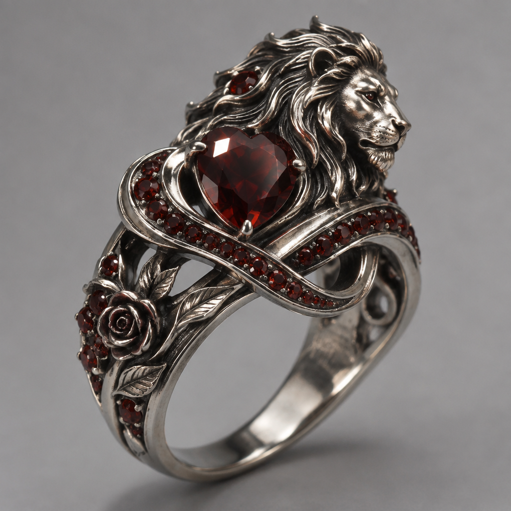 A sculptural women's ring made of silver with garnet stones. الخاتم الذي يجمع الحب و الغموض و الأسد و l'infini
photorealistic jewelry design, A sculptural women's ring made of silver with garnet stones. الخاتم الذي يجمع الحب و الغموض و الأسد و l'infini, sculptural style, just the design no text