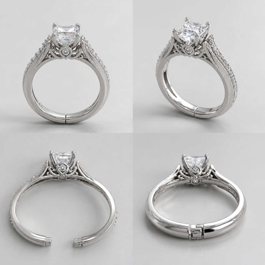 Make me a ring that opens from the inside with our initial and the date of when we first got together engraved inside with a white stone and make it princessy
photorealistic jewelry design, Make me a ring that opens from the inside with our initial and the date of when we first got together engraved inside with a white stone and make it princessy , platinum style, just the design no text