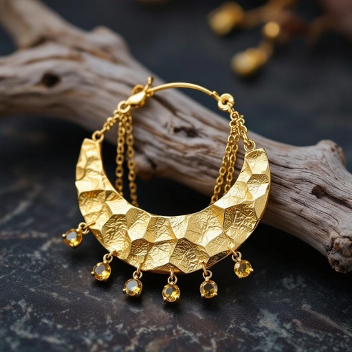 Золотые серьги словно мятое золото в форме узкого изящного полумесяца. Верхушка полумесяца крепится к застежке серьги.  От полумесяца идет три цепочки, у каждой на конце мелкий камушек цитрин