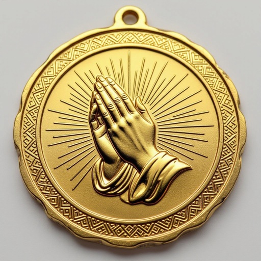 Золотой матовый медальон похожий на мятую монету с неровными краями. По кругу выгравированы изящные узоры. В центре символически изображены ладони, сложенные в молитве и от них исходит свет