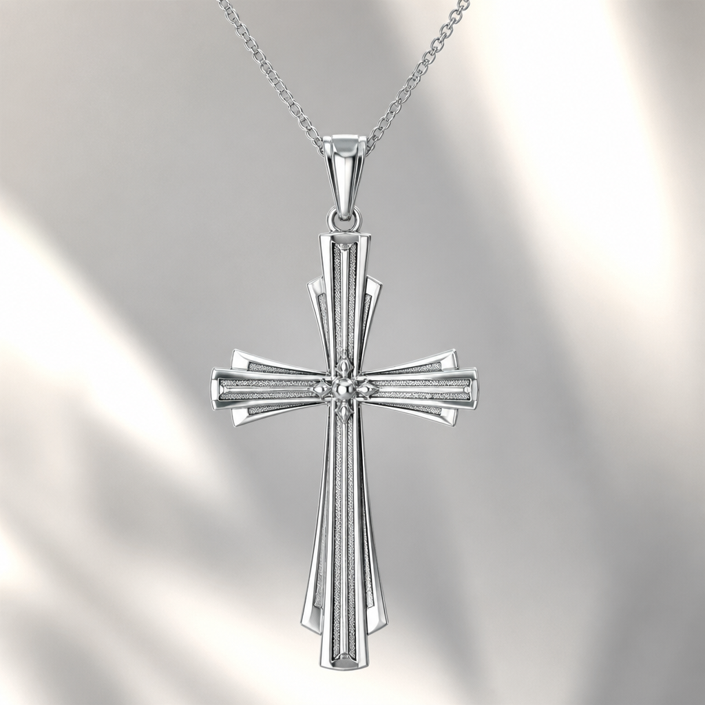 A art deco women's pendant made of silver suitable for daily wear. An extraordinary excellent beautiful delicate and elegant, super modern Cross.
photorealistic jewelry design, A art deco women's pendant made of silver suitable for daily wear. An extraordinary excellent beautiful delicate and elegant, super modern Cross., art_deco style, just the design no text