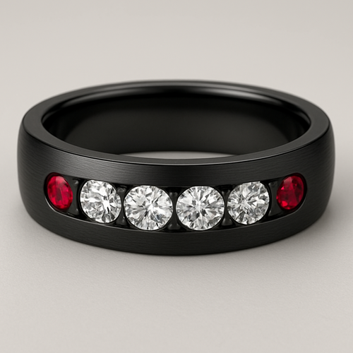 Men’s wedding band black with moissanite stones and 2 rubies 