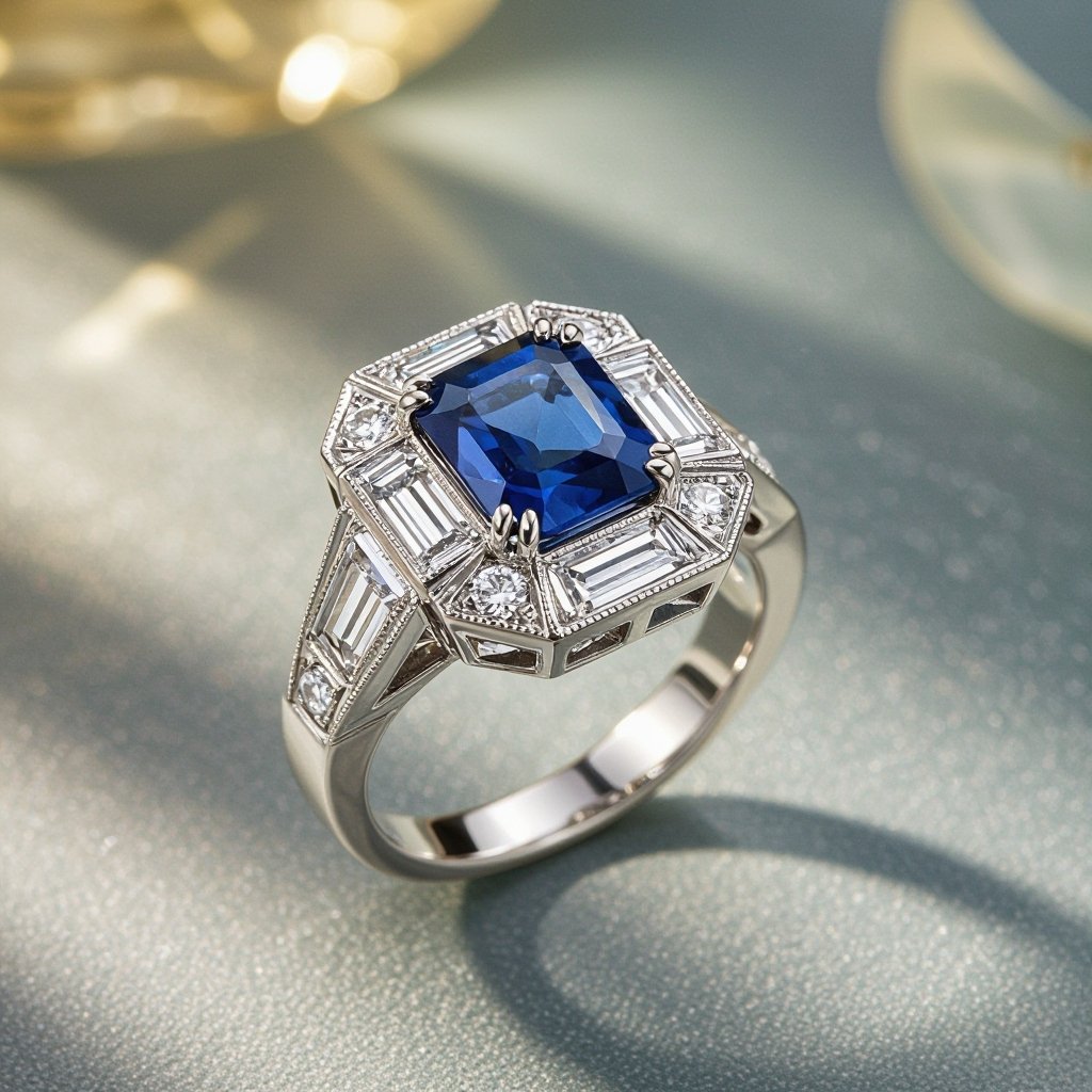 PROMPT — Art Deco “Flip-Halo” Ring (Landscape 7:5)  Create an ultra-realistic jewelry render of a never-before-seen Art Deco target ring with a lenticular “flip” halo effect.  Design: - Center stone: square cushion (squircle) vivid blue sapphire, 2.5–4.5 ct, medium crown. - Double concentric halos built from thin louver-like blades:   • Odd blades hold French-cut sapphires, each tilted +15° toward the viewer.     • Even blades hold carré-cut diamonds, each tilted −15° inward.     → From a head-on view the halo reads as a continuous blue band; at ~25–30° the diamonds flare, forming a dotted radial corona (“flip” effect). - Bezel & steps: platinum (or 18K white, nickel-free), stepped geometric bezel (3 tiers) with crisp edges and fine milgrain on the outer rim. - Outer frame: seamless calibré-cut sapphires following a square-cushion outline with strengthened keystone corners. - Gallery (side view): pierced “skyscraper grille” architecture; include a single hidden baguette accent (tsavorite or pink sapphire) as a maker’s mark. - Shoulders/shank: three parallel Deco buttress steps, V-notch detail; comfort-fit underside. - Ring size reference: EU 54 (Ø ≈ 17.2 mm).  Art direction: - Primary hero angle: three-quarter macro at ~30° to reveal the flip effect; include a secondary top-down reflection on the surface to hint the continuous blue state. - Lighting: museum-grade softbox, ~4500–5000K; clean caustics; controlled speculars; polarization to reduce glare; realistic diamond fire/dispersion. - Materials & finish: razor-clean facets, crisp prongs/walls, precise seat geometry; fine milgrain texture visible; no dust/fingerprints. - Background: neutral dark velvet or matte graphite; subtle vignette; luxury editorial style. - Quality: 8k, photorealistic, physically based ray tracing, shallow depth of field with tasteful bokeh.  Negative cues: - No filigree lace, no Edwardian/flowery motifs, no logos/watermarks, no excessive HDR bloom, no cartoonish stylization, no hand/finger model.  Aspect ratio: 7:5 (landscape).
