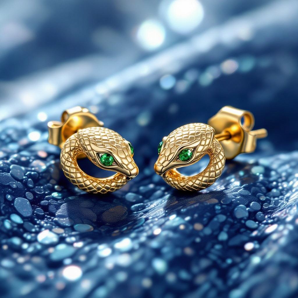 Небольшие золотые матовые серьги в виде символической змеи