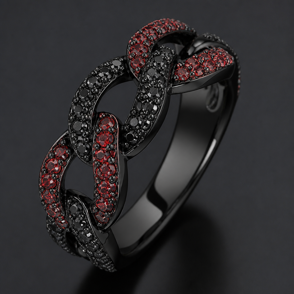 A women's ring. corente de diamante negro y vermelho
photorealistic jewelry design, A women's ring. corente de diamante negro y vermelho, modern style, just the design no text