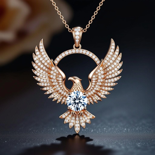 Geomatric eagle modern edges shapes whole diamond=1 wing, rose gold diamond Design a contemporary pendant featuring a single, large diamond shaped like a wing, symbolizing freedom and elegance. The diamond is elegantly set in a sleek, minimalist rose gold frame that accentuates its brilliance. The modern aesthetic is enhanced with clean lines and asymmetry, making it a striking statement piece for the avant-garde wearer.