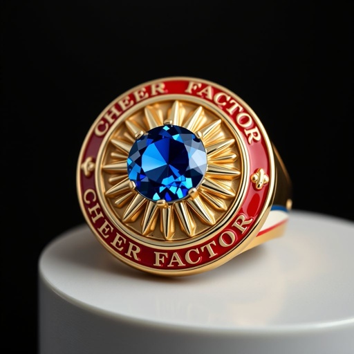 Red white and blue medal ring that says cheer factor