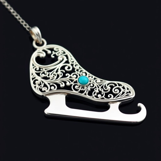 Silver Pendant shape one ice skate with turquoise stripe inside the low thin part blade