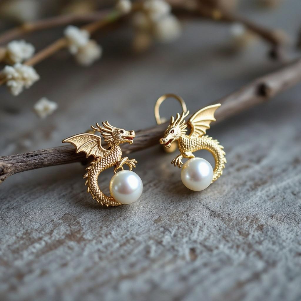 Золотые матовые серьги с изображением дракона узоры и жемчуг 