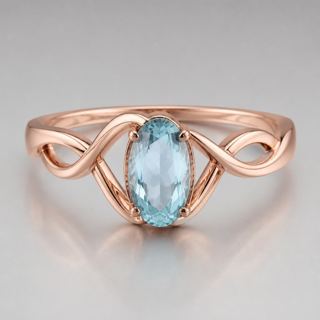 A women's ring made of rose gold with aquamarine stones, detailed and decorative, moderately ornate. anello in oro rosso/rosa con acquamarina ovale in verticale al centro, no altri brillantini, asse dell'anello che forma un infinito non netto ma che si incastra bene nell'asse stesso e si assottiglia a partire dalla pietra. la pietra è sostenuta da un parte più grossa dell'anello poi diventa più sottile allontanandosi dalla pietra
photorealistic jewelry design, A women's ring made of rose gold with aquamarine stones, detailed and decorative, moderately ornate. anello in oro rosso/rosa con acquamarina ovale in verticale al centro, no altri brillantini, asse dell'anello che forma un infinito non netto ma che si incastra bene nell'asse stesso e si assottiglia a partire dalla pietra. la pietra è sostenuta da un parte più grossa dell'anello poi diventa più sottile allontanandosi dalla pietra, modern style, just the design no text