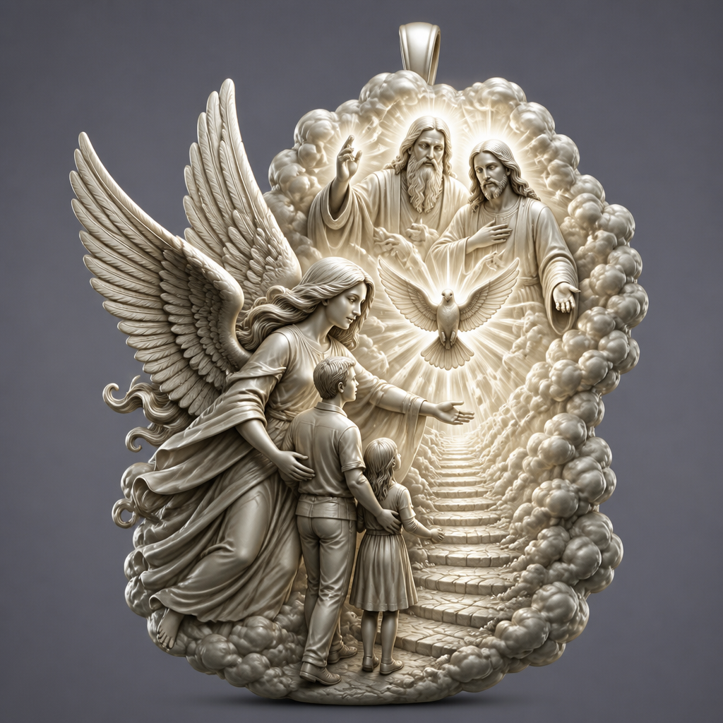 A modern women's pendant made of silver suitable for festival. An extraordinary excellent beautiful delicate and elegant pendant with the Guardian Angel with a beautiful delicate and elegant face, with long hair, with big wings flying, with a beautiful delicate elegant and with beautiful curves at her body, with a beautiful delicate and elegant tunic holding a child and an adult with its hands protecting them and guiding them on the way of the Holy Trinity. Sawing the way of the Holy Trinity in front of them God the Father, God the Son and God the Holy Spirit, the Holy Spirit to be as an Angel with a dove under the Angel surrounded by tongues of fire radiating light to the persons and the Guardian Angel, without the surrounding metals of the pendant. All the persons and the surrounding area to be 3D like statues.
