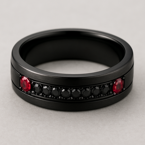 Men’s wedding band black with black stones and 2 rubies 