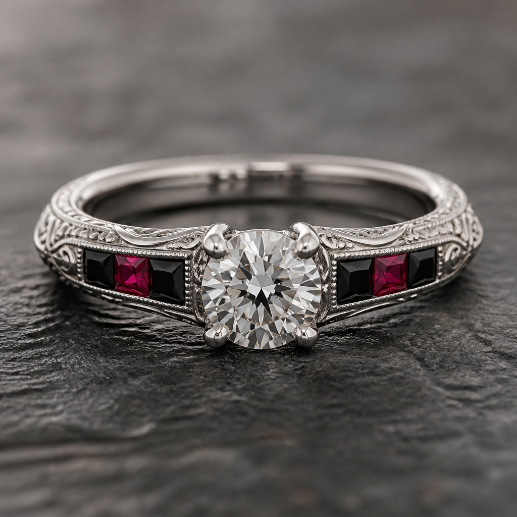 Engagement ring with center diamond with ruby and black diamonds channel set on sides
photorealistic jewelry design, Engagement ring with center diamond with ruby and black diamonds channel set on sides
, vintage style, just the design no text