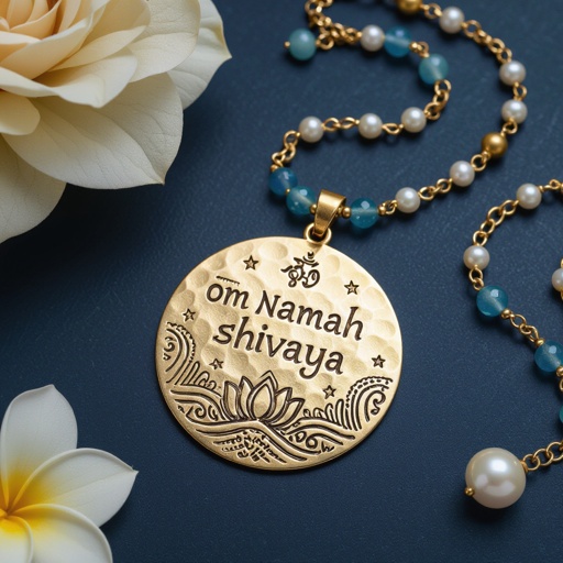 Кулон на длинной цепочке. Матовое светлое золото. В цепочке небольшие золотые шарики и синие камушки и жемчуга. Кулон в форме неровного мятого круга. На круге изображена надпись под наклоном om namah shivaya. Круг украшен лотосами звездами волнами узорами