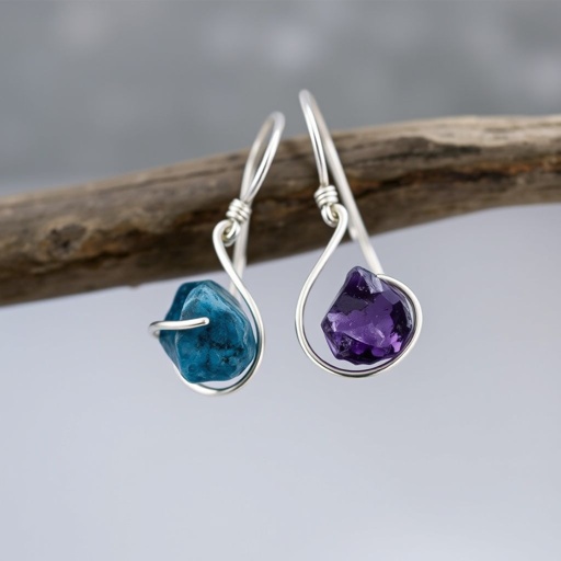 Earrings, Silver minimal, raw gemstone, elegant 