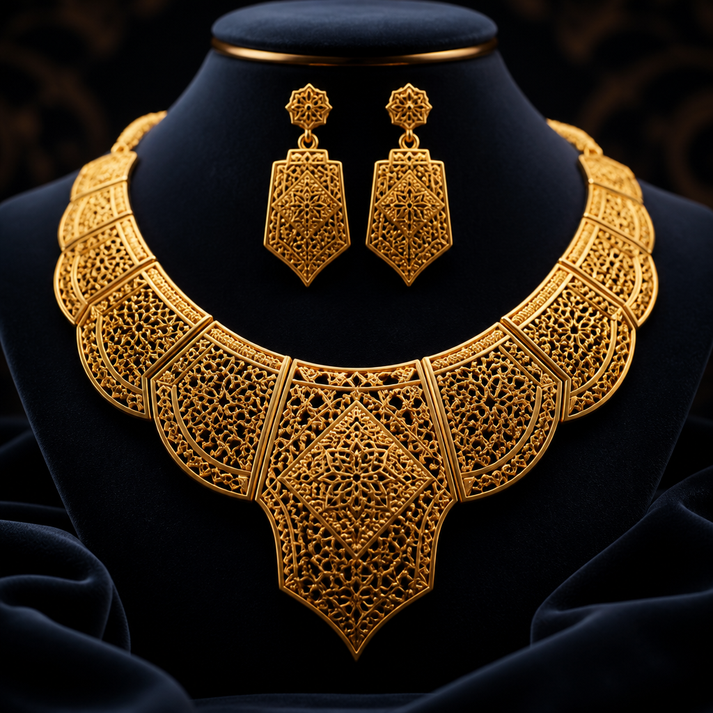 Prompt: A luxurious 21k yellow gold jewelry set, including an intricate necklace and matching earrings. Designed in traditional Arabic Sayaqah style (صياغة عربي). The design features complex repeating geometric patterns, Islamic arabesque motifs, and sharp filigree linework. Warm, rich 21-karat gold texture with a mix of polished and matte finishes. High-end luxury jewelry photography, studio lighting, soft shadows, macro lens depth of field, minimalist dark velvet background, 8k resolution, photorealistic. --ar 4:3 --v 6.0۲
photorealistic jewelry design, Prompt: A luxurious 21k yellow gold jewelry set, including an intricate necklace and matching earrings. Designed in traditional Arabic Sayaqah style (صياغة عربي). The design features complex repeating geometric patterns, Islamic arabesque motifs, and sharp filigree linework. Warm, rich 21-karat gold texture with a mix of polished and matte finishes. High-end luxury jewelry photography, studio lighting, soft shadows, macro lens depth of field, minimalist dark velvet background, 8k resolution, photorealistic. --ar 4:3 --v 6.0۲, medieval style, just the design no text