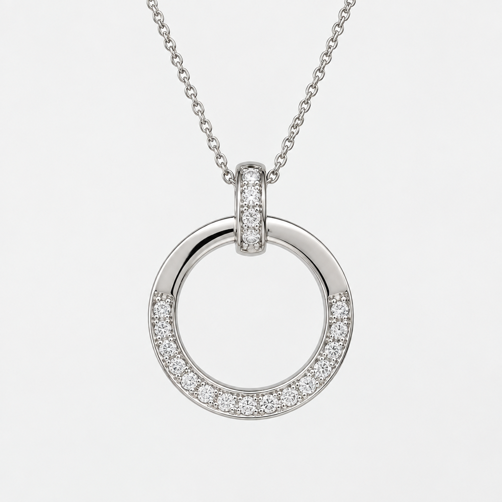 A modern women's pendant made of white gold with diamond stones suitable for daily wear. cost 300$, circle design,
photorealistic jewelry design, A modern women's pendant made of white gold with diamond stones suitable for daily wear. cost 300$, circle design,, modern style, just the design no text