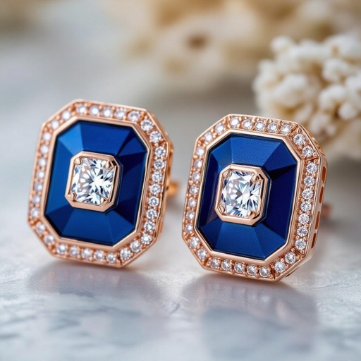 Earrings set  of different   Geomatric edge of diamonds shaded of edge element in water background and vibes Rose gold , geometric diamonds, bezel set.  motif, blue enamel. Rose gold , geometric diamonds, bezel set.  motif, blue enamel.