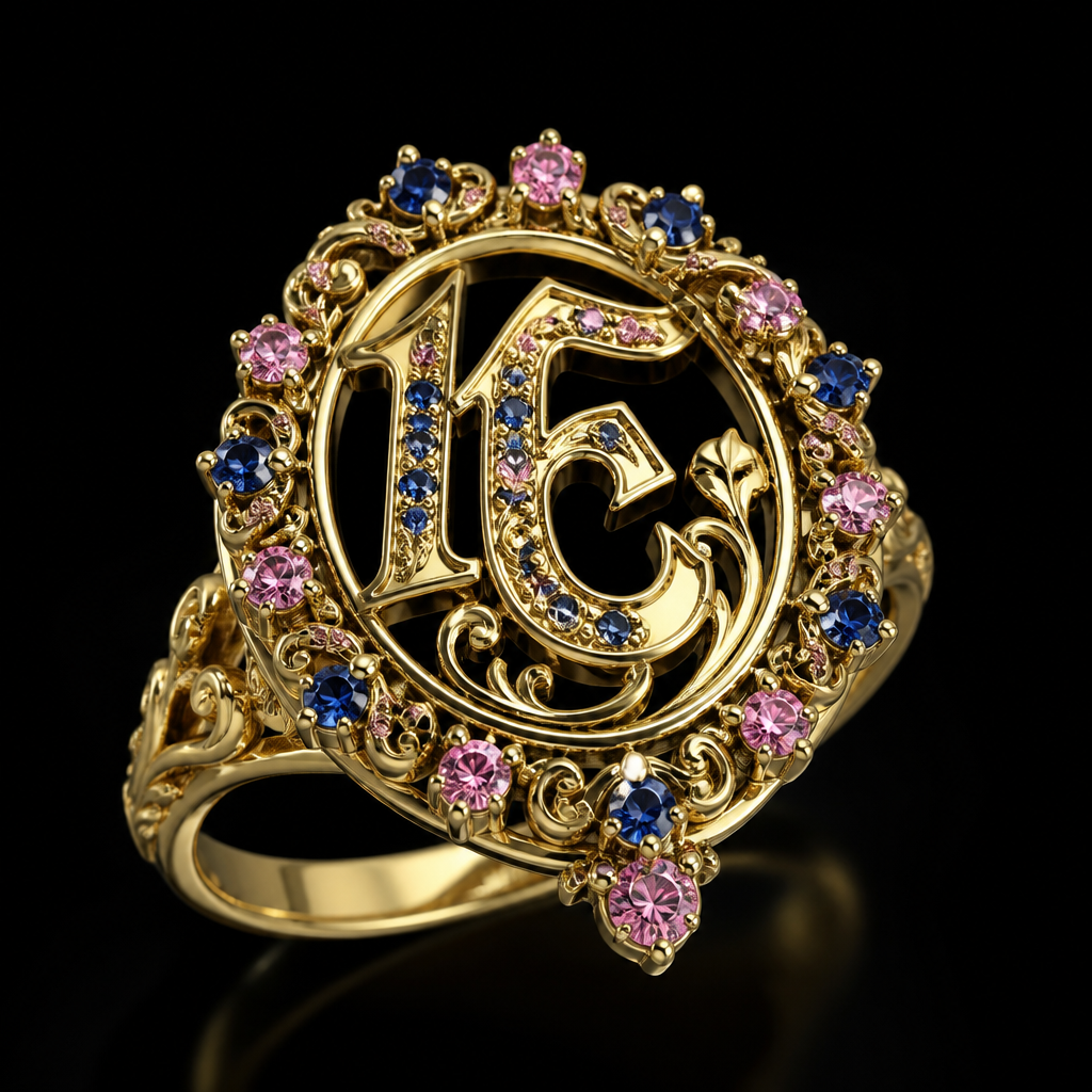 A baroque women's ring made of gold. um anel de 15 anos com inicial E com pedrinhas azul e pedrinhas rosa em volta
photorealistic jewelry design, A baroque women's ring made of gold. um anel de 15 anos com inicial E com pedrinhas azul e pedrinhas rosa em volta, baroque style, just the design no text