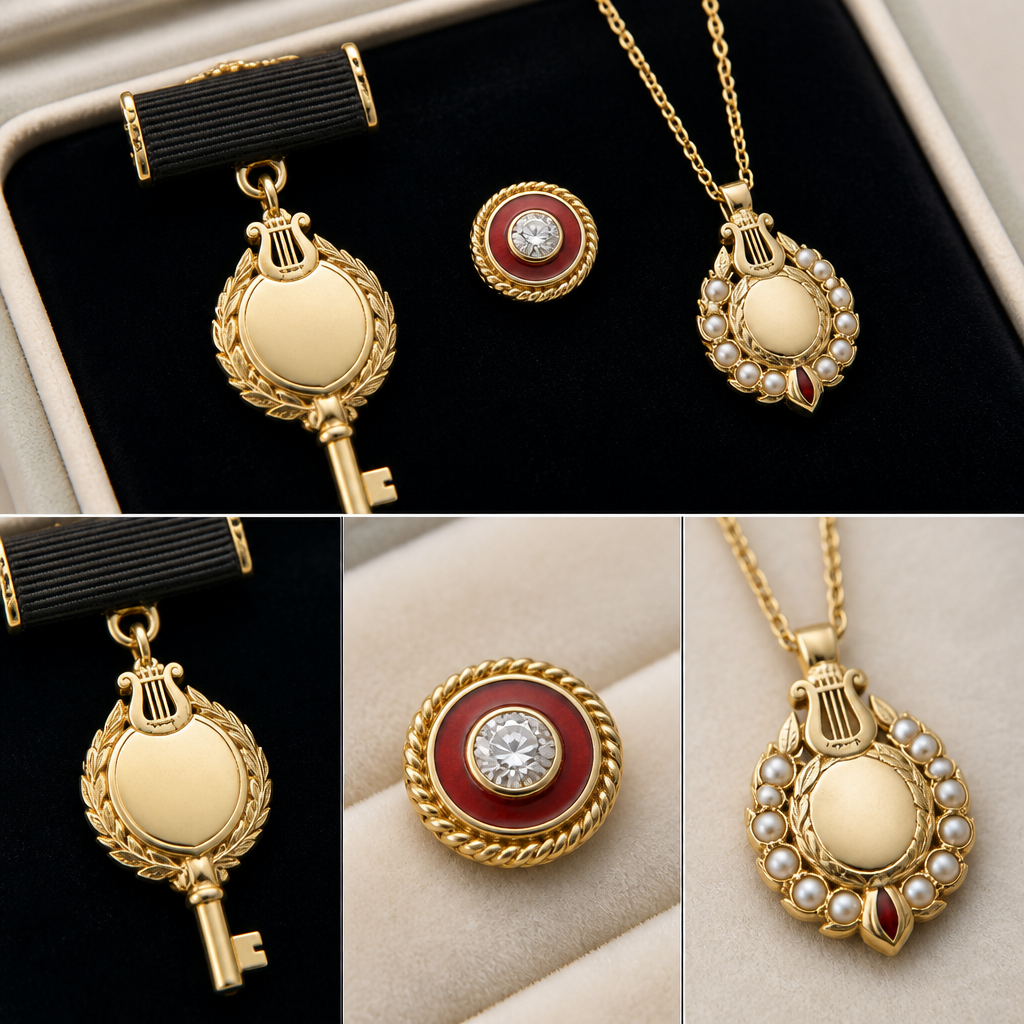 Product-photography mockups of a three-piece fraternal giving-recognition jewelry family
for a music fraternity's educational foundation. Classic American fraternal jewelry
aesthetic (Balfour / Herff Jones catalog tradition, 1950s heritage feel, modern finish).
Rendered as luxury jewelry photography: soft studio light, shallow depth of field, pieces
resting on black velvet and on a cream jeweler's tray, one composed family shot plus
individual close-ups of each piece.
The three pieces:
1. ALUMNI KEY (entry honor): a traditional fraternity watch-key style pendant in polished
yellow gold, about 1.5 inches, suspended from a short black grosgrain ribbon bar. A
small lyre motif at the crown and a laurel border. A smooth blank cartouche on the face
reserved for engraving (leave it empty). Understated, dignified, something an older
gentleman wears on a lapel chain or displays in a case.
2. DIAMOND PIN (highest honor): a small round lapel pin in yellow gold, centered on a
single genuine round diamond, ringed by a thin band of deep crimson enamel (#c83c3e)
and an outer gold rope edge (#ca992c). Subtle, expensive, the size of a shirt button.
Commemorates a 75th "Diamond Anniversary." No lettering.
3. SWEETHEART COMPANION (for his wife): an elegant ladies' pendant on a fine gold chain,
echoing the key's lyre-and-laurel motif at smaller scale, set with a ring of seed
pearls in the fraternal sweetheart-jewelry tradition, with one small crimson enamel
accent matching the pin. Feminine, timeless, designed to be worn beside the key or pin
at a formal dinner.
Palette discipline: yellow gold metal, crimson #c83c3e enamel accents, black #333132
ribbon/velvet, seed pearls on the companion piece only. No gemstones other than the one
diamond and the pearls. No visible lettering or Greek letters anywhere (engraving areas
left blank). No modern branding, no logos, no watches, no rings. Consistent metal finish
and lighting across all three so they read as one designed family.
photorealistic jewelry design, Product-photography mockups of a three-piece fraternal giving-recognition jewelry family
for a music fraternity's educational foundation. Classic American fraternal jewelry
aesthetic (Balfour / Herff Jones catalog tradition, 1950s heritage feel, modern finish).
Rendered as luxury jewelry photography: soft studio light, shallow depth of field, pieces
resting on black velvet and on a cream jeweler's tray, one composed family shot plus
individual close-ups of each piece.
The three pieces:
1. ALUMNI KEY (entry honor): a traditional fraternity watch-key style pendant in polished
yellow gold, about 1.5 inches, suspended from a short black grosgrain ribbon bar. A
small lyre motif at the crown and a laurel border. A smooth blank cartouche on the face
reserved for engraving (leave it empty). Understated, dignified, something an older
gentleman wears on a lapel chain or displays in a case.
2. DIAMOND PIN (highest honor): a small round lapel pin in yellow gold, centered on a
single genuine round diamond, ringed by a thin band of deep crimson enamel (#c83c3e)
and an outer gold rope edge (#ca992c). Subtle, expensive, the size of a shirt button.
Commemorates a 75th "Diamond Anniversary." No lettering.
3. SWEETHEART COMPANION (for his wife): an elegant ladies' pendant on a fine gold chain,
echoing the key's lyre-and-laurel motif at smaller scale, set with a ring of seed
pearls in the fraternal sweetheart-jewelry tradition, with one small crimson enamel
accent matching the pin. Feminine, timeless, designed to be worn beside the key or pin
at a formal dinner.
Palette discipline: yellow gold metal, crimson #c83c3e enamel accents, black #333132
ribbon/velvet, seed pearls on the companion piece only. No gemstones other than the one
diamond and the pearls. No visible lettering or Greek letters anywhere (engraving areas
left blank). No modern branding, no logos, no watches, no rings. Consistent metal finish
and lighting across all three so they read as one designed family., just the design no text