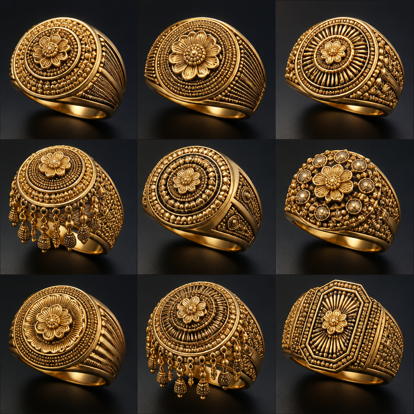A men's ring made of gold. create more designs on such concept.
using the attached image as a visual reference, create A men's ring made of gold. create more designs on such concept.. photorealistic, just the design no text