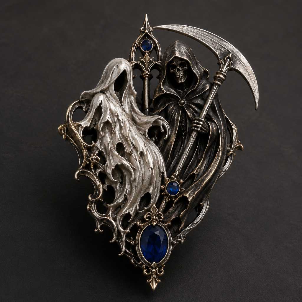 A gothic men's brooch made of mixed metal with sapphire stones suitable for formal. a ghost and a reaper
photorealistic jewelry design, A gothic men's brooch made of mixed metal with sapphire stones suitable for formal. a ghost and a reaper, gothic style, just the design no text
