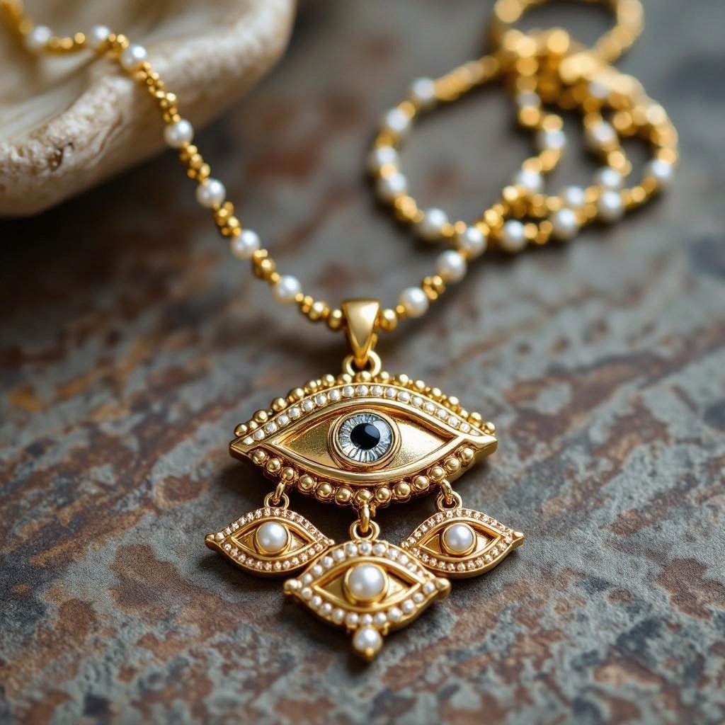 Кулон на длинной цепочке. Матовое светлое золото. В цепочке небольшие золотые шарики и жемчуг. Кулон это перевернутый глаз, снизу еще два глаза узоры завитушки 