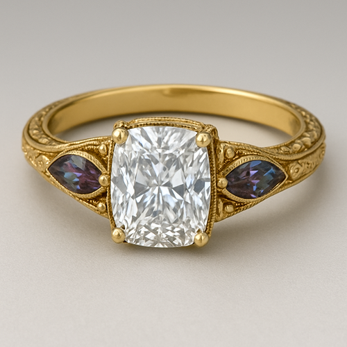 2 carat elongated cushion cut diamond engagement yellow gold ring with marquise shaped alexandrite side stones 