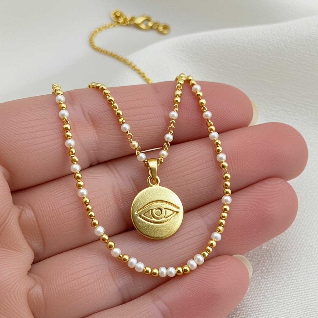 Кулон на длинной цепочке. Матовое светлое золото. В цепочке небольшие золотые шарики и жемчуг. Кулон в виде двух глаз над ними лотос узоры завитушки 