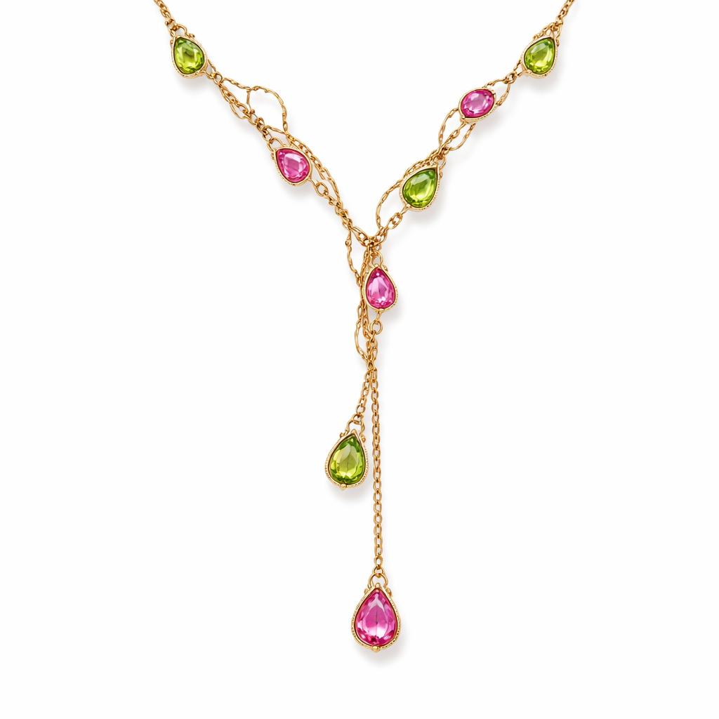 Thin gold wire wrapped around thin gold chain like a vine, with peridot and pink sapphire stones placed through the chain in pear shapes with lariat