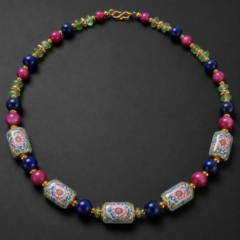 "12mm rectangular hand painted beads with pink flowers and blue vines with green and yellow spots, 8mm lapis round beads, pink tigers eye round beads
8.5 mm, 4-5mm peridot chips necklace "
photorealistic jewelry design, "12mm rectangular hand painted beads with pink flowers and blue vines with green and yellow spots, 8mm lapis round beads, pink tigers eye round beads
8.5 mm, 4-5mm peridot chips necklace ", royal style, just the design no text