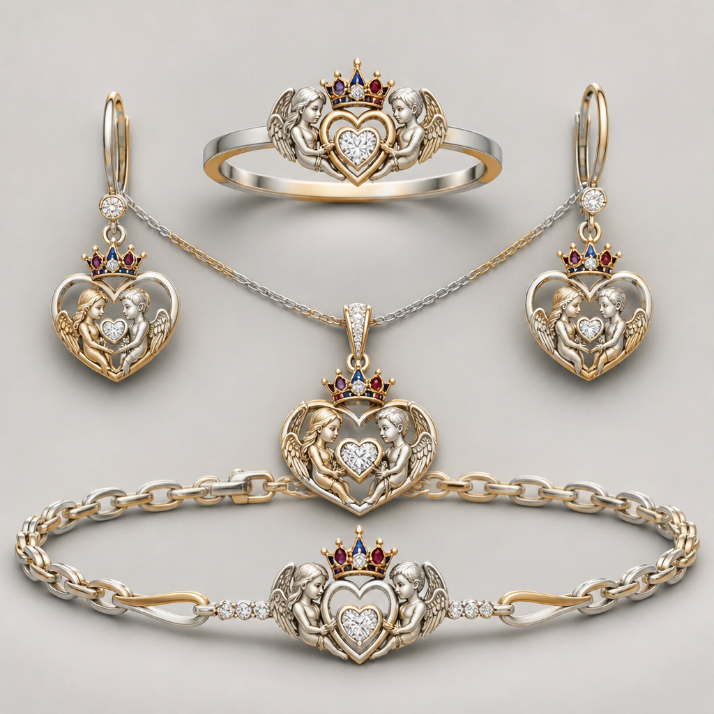 A minimalist women's ring made of mixed metal with diamond and ruby and sapphire stones suitable for wedding. An extraordinary beautiful delicate elegant and excellent set of jewelry with a beautiful delicate and elegant ring, two ear rings, a pendant and a bracelet with a heart at the middle and a diamond in the middle of the heart over the heart to be placed a beautiful delicate and elegant queen crown with a diamond in the middle and rubies and sapphires all around the crown, with an extraordinary beautiful delicate and elegant female Angel with a beautiful delicate and elegant face with long hair holding a heart with Her right hand and a rose with Her left hand at the right side of the heart and an extraordinary beautiful delicate and elegant male Angel with an extraordinary beautiful delicate elegant and fit body with a beautiful delicate and elegant face with short hair holding a heart with His right hand and a rose with His left hand at the left side of the heat. Both Angels to be placed to all the items of the set.