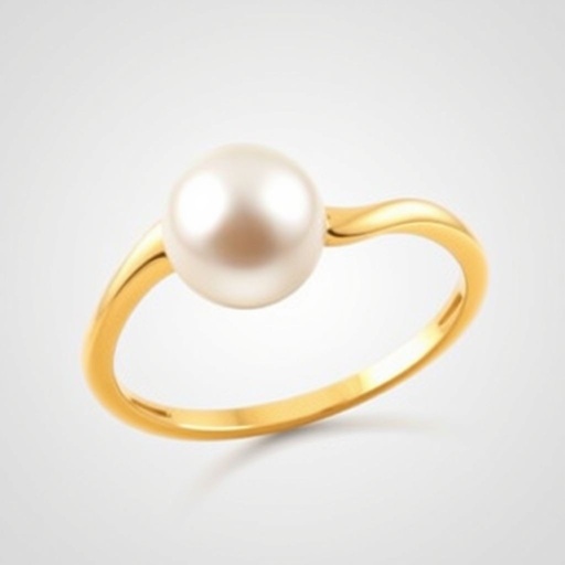 A golden ring with a pearl in the middle, the ring curving into an elegant wave type circle around the pearl. I want it to have a very elegant, simple, and beautiful design. I want the ring symmetrical and the pearl to be a medium size.
