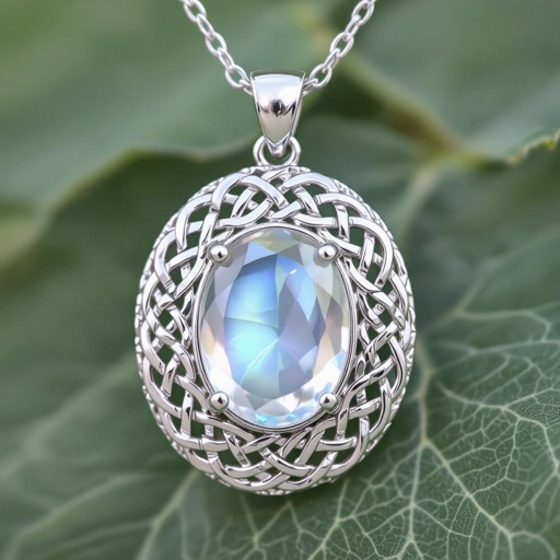 A  Celtic 50 carat oval-cut IF smooth moonstone gemstone necklace with white gold lining around it 