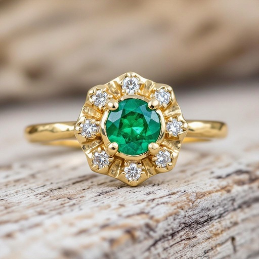 Anillo con Central de esmeralda redonda con 6 diamantes al rededor en oro amarillo 