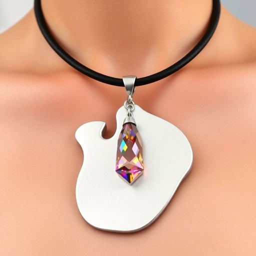 Modern stylish necklace on thick leather cord with big silver pendant and crystal stone charm 