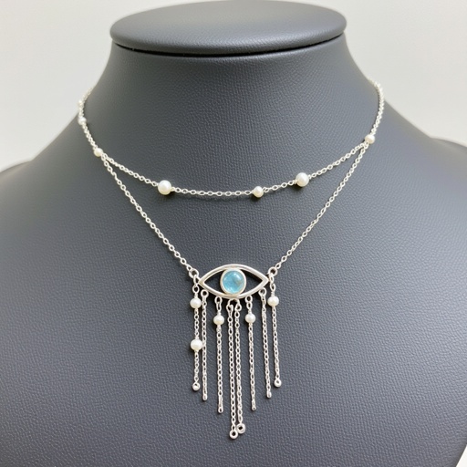 Тонкая цепочка с серебряными шариками и мелкими жемчужными камушками на цепочке есть кулон в форме глаза, зрачок глаза из аквамарина от глаза идет маленькая подвеска с серебряными цепочками разной длины