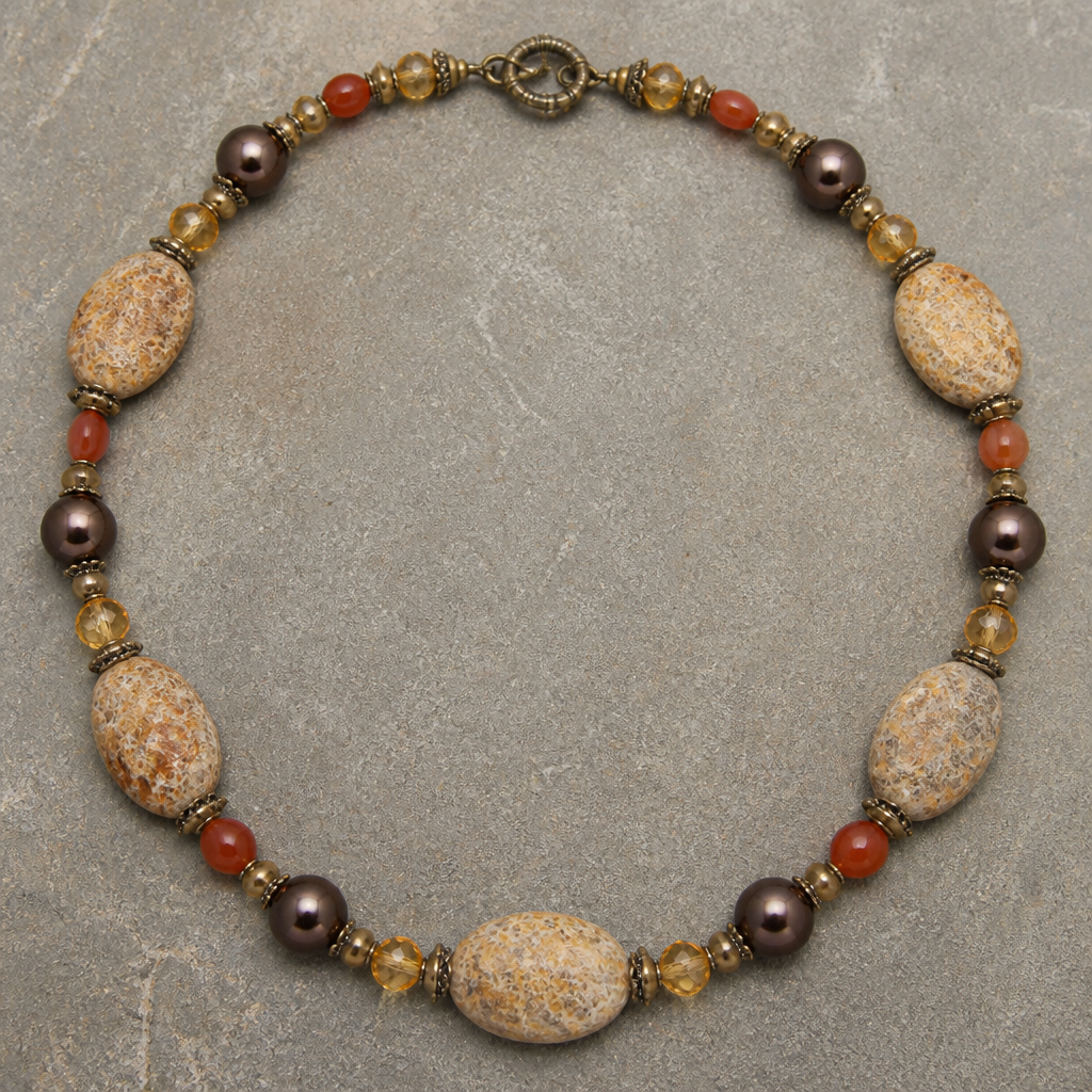 '''Cream colored with orange and brown and some grey inclusions oval shaped fossilized coral 30mm x 20.5mm beads, round citrine 8mm, chocolate colored pearls 9mm, orange carnelian oval 5.5mm x 7.5mm beads necklace
photorealistic jewelry design, '''Cream colored with orange and brown and some grey inclusions oval shaped fossilized coral 30mm x 20.5mm beads, round citrine 8mm, chocolate colored pearls 9mm, orange carnelian oval 5.5mm x 7.5mm beads necklace, vintage style, just the design no text