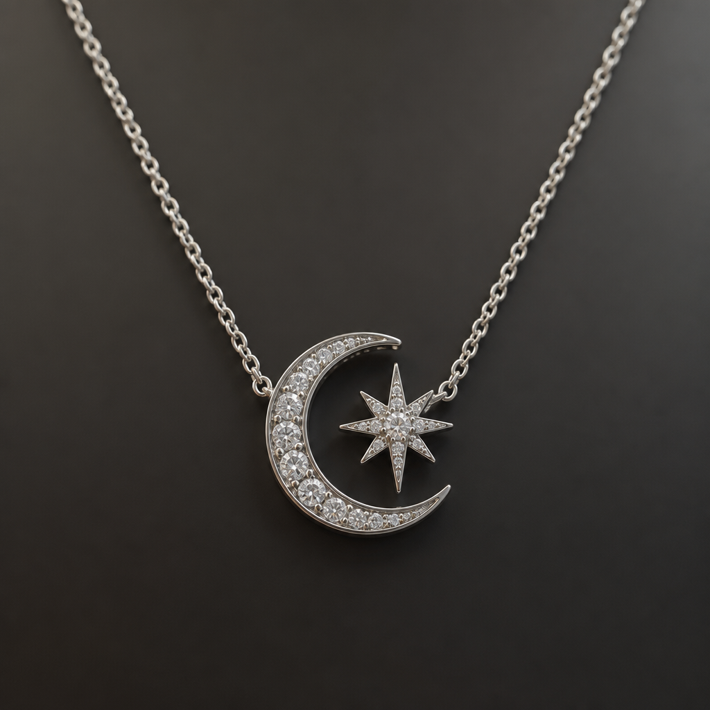 half moon and star necklace diamond
photorealistic jewelry design, half moon and star necklace diamond
, just the design no text