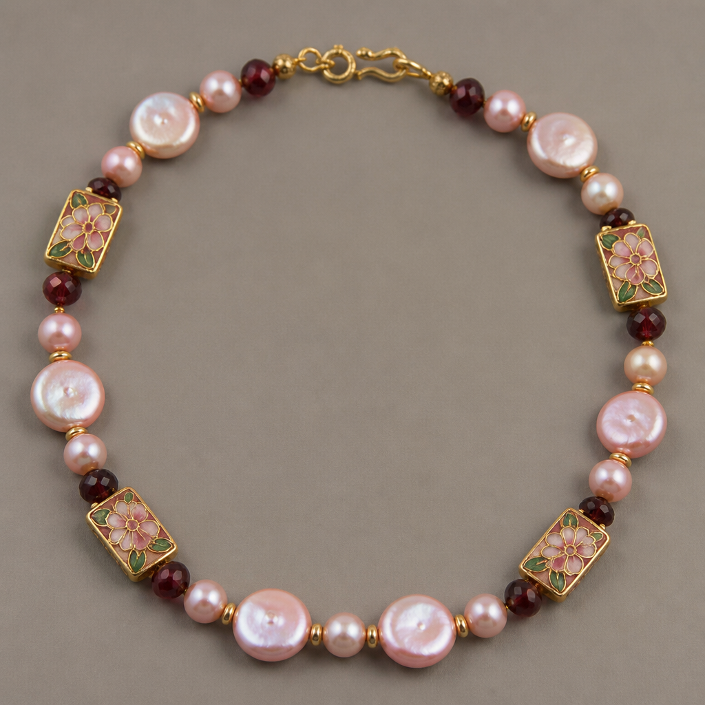 8mm coin pearls pink luster, pink luster round pearls 6mm, garnet spacers 4mm rounds. Gold filigree cloisonné rectangle beads with pick enamel
photorealistic jewelry design, 8mm coin pearls pink luster, pink luster round pearls 6mm, garnet spacers 4mm rounds. Gold filigree cloisonné rectangle beads with pick enamel , classic style, just the design no text