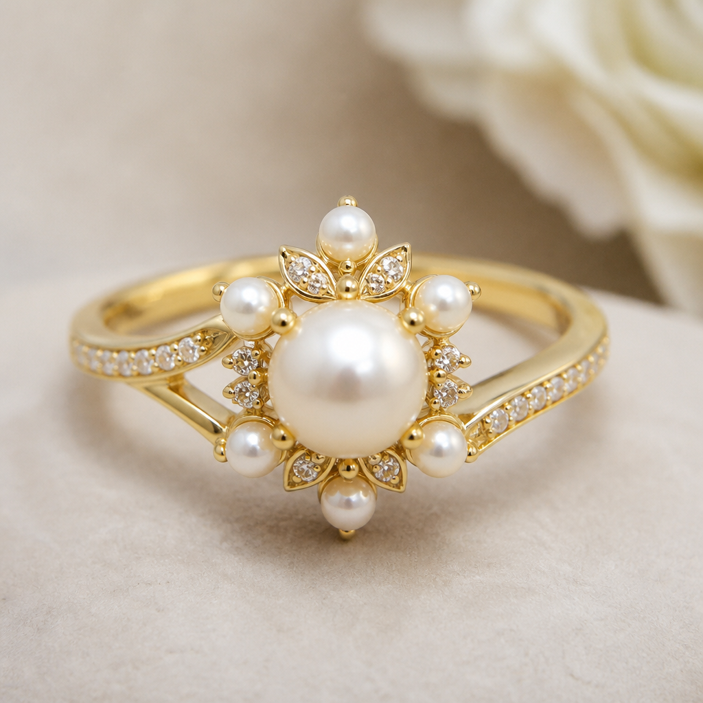 A pearl-adorned women's ring made of gold suitable for engagement. gold design
photorealistic jewelry design, A pearl-adorned women's ring made of gold suitable for engagement. gold design, pearl_adorned style, just the design no text