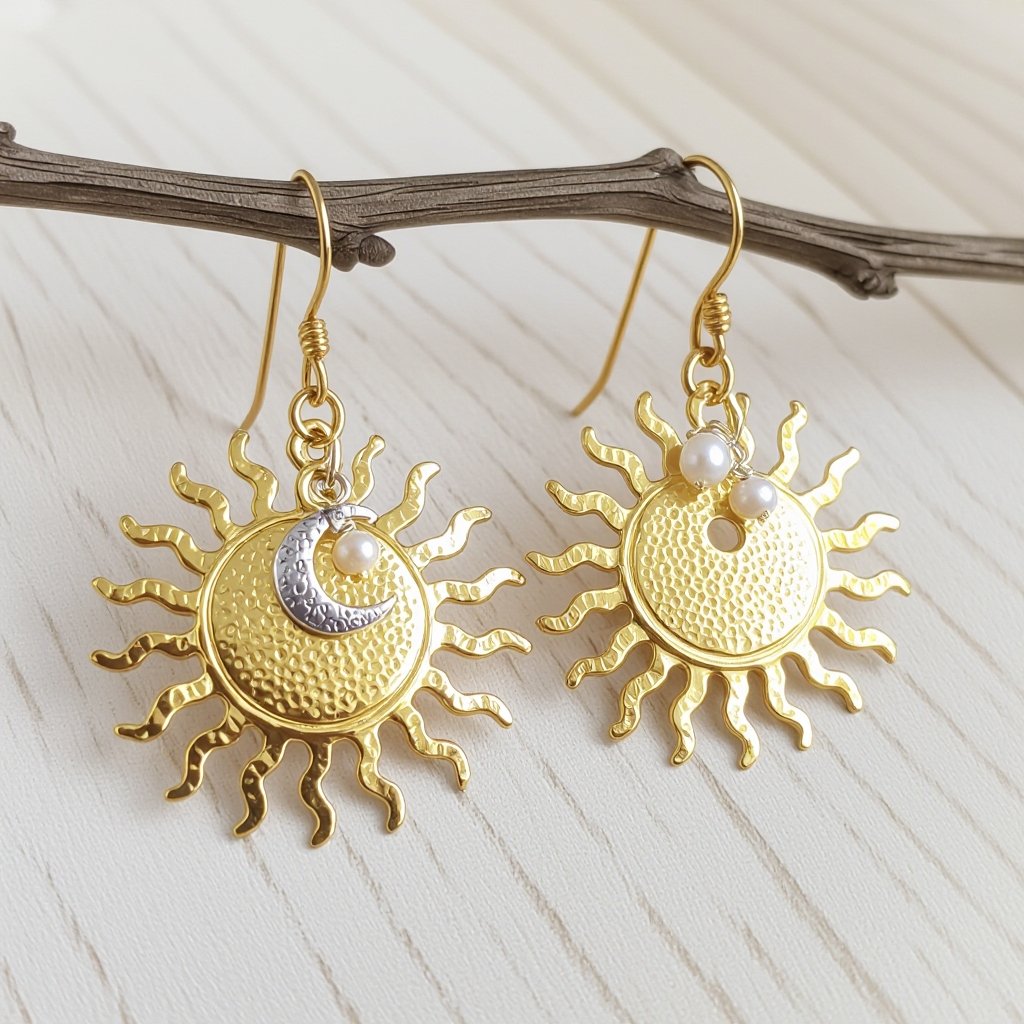 Золотые серьги словно мятое золото в форме солнца с волнистыми лучами, в центре солнца круглая дыра. крепится к застежке серьги. К нижней части солнца крепятся подвески: миниатюрная серебристая луна, очень маленький жемчуг и маленький золотой кружочек с мятым эффектом плоский