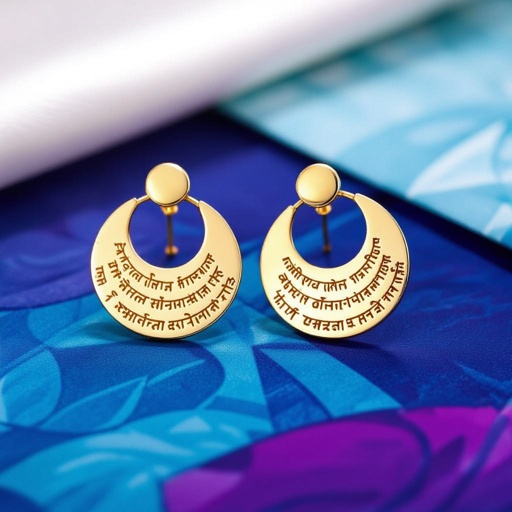 Серьги золотые в форме полумесяца, полукруг как продолжение застежки, на полукруге надписи мантрами на санскрите